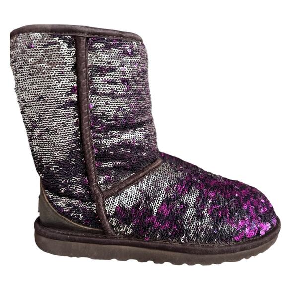 UGG Classic Short Purple Silver Sparkle Flip Sequin Boots Sherling Sherpa 6 - Picture 3 of 11